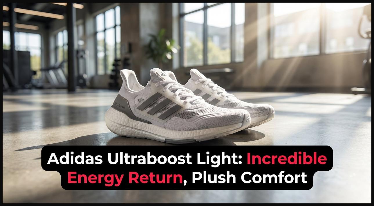 Adidas Ultraboost Light style walking shoes with visible Boost foam and Primeknit upper.