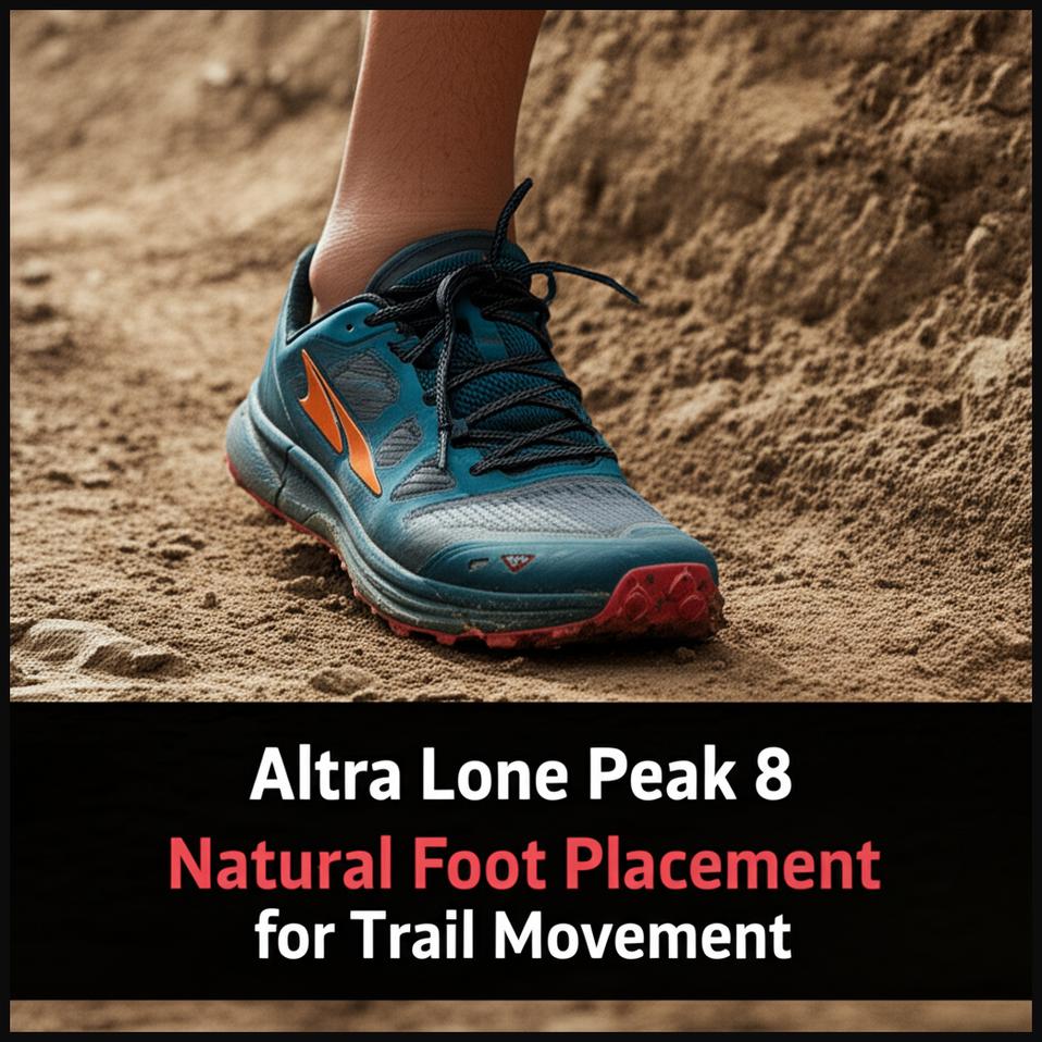 A man trail running, showcasing the natural foot placement and wide toe box of Altra Lone Peak 8 shoes.