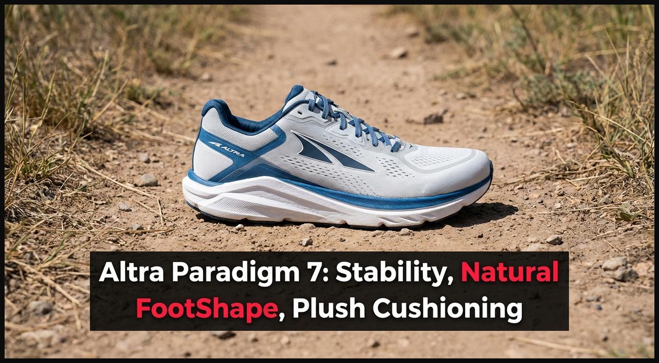 Altra Paradigm 7 style walking shoe with a wide toe box and supportive cushioning for natural foot movement.