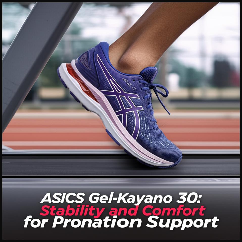 A man running on a treadmill, emphasizing the stability and comfort features of ASICS Gel-Kayano 30 shoes for pronation support.