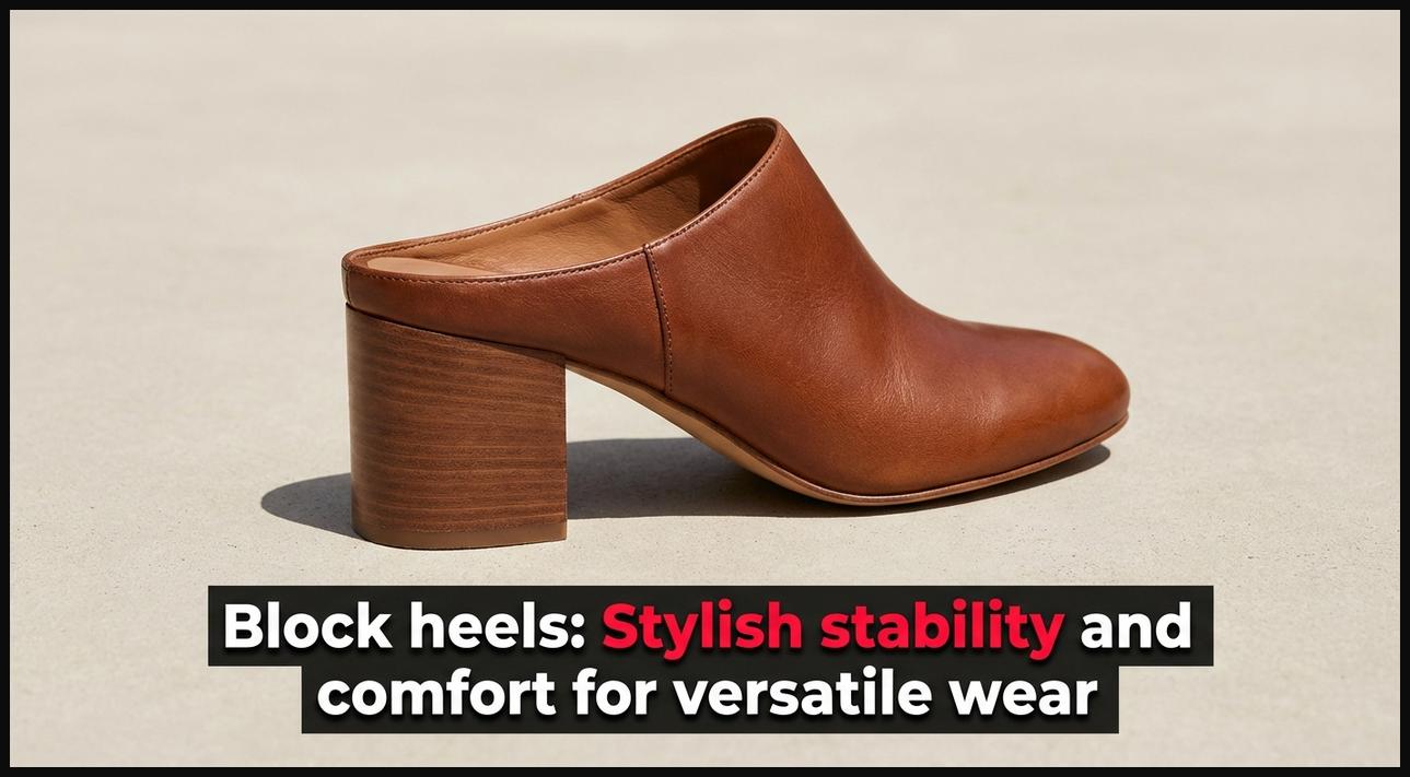 A close-up of a stylish brown block heel shoe, showcasing its wide, stable base and comfortable design suitable for versatile wear.