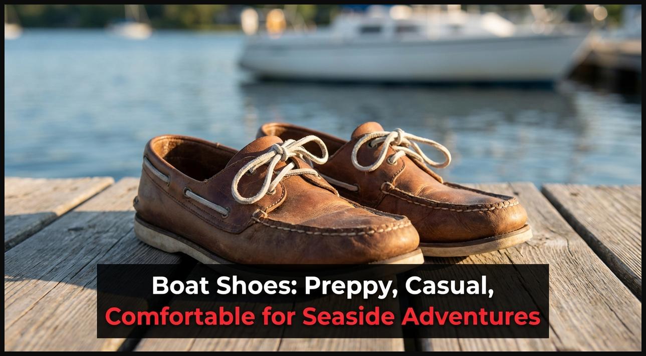 A classic pair of brown leather boat shoes on a wooden dock, representing preppy, comfortable style for seaside adventures.