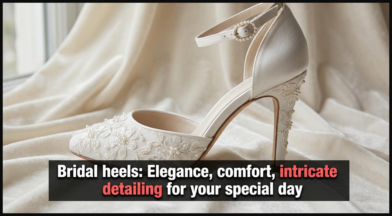 A close-up of an elegant white bridal heel shoe, adorned with delicate lace and pearls, designed for weddings with comfort and intricate detailing.