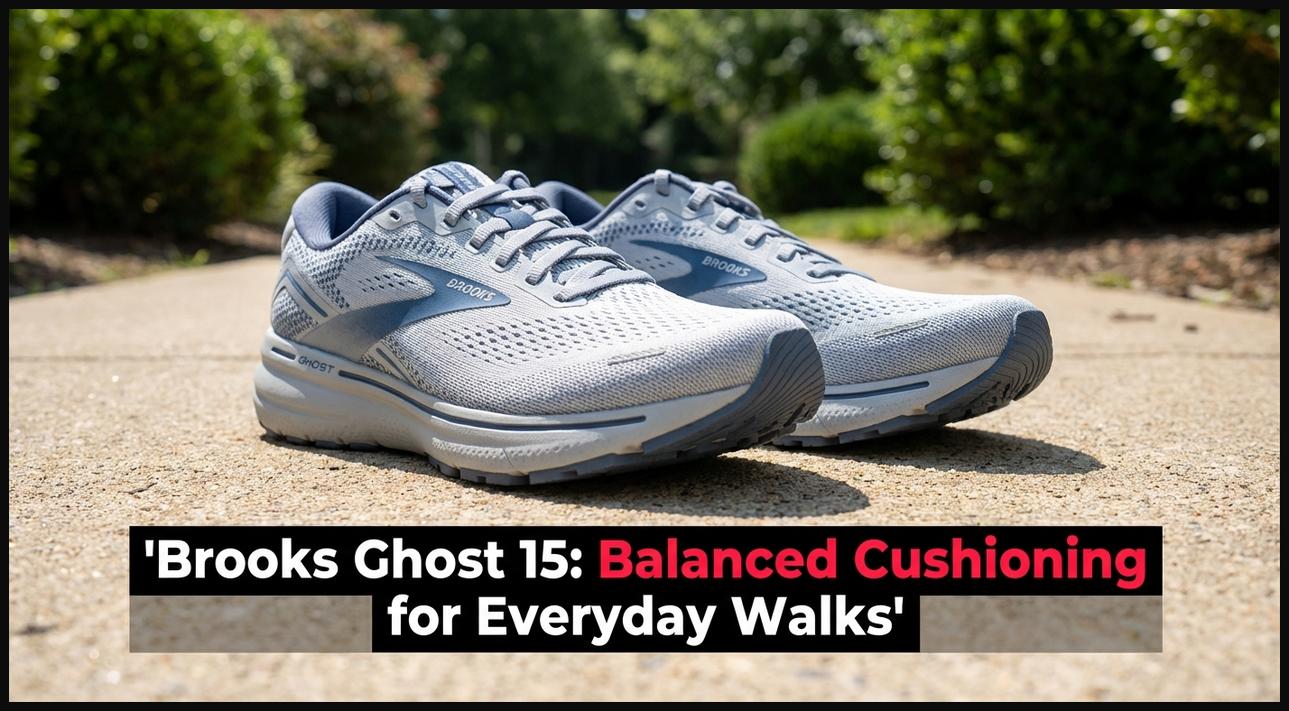 A pair of Brooks Ghost 15 walking shoes on a path, representing balanced cushioning for daily use.