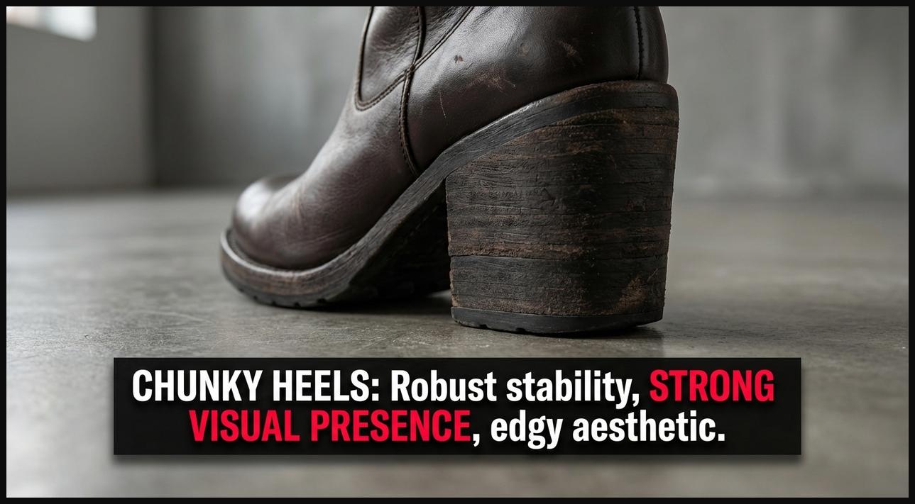 A detailed shot of an ankle boot with a chunky heel, showcasing its robust build, strong visual presence, and edgy aesthetic.