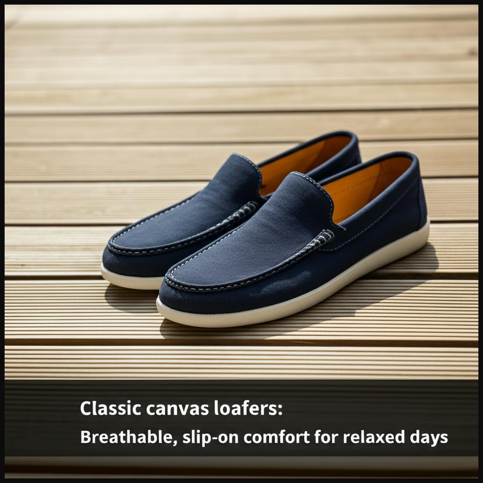 A pair of classic navy blue canvas loafers placed on a clean wooden deck, perfect for summer and casual outings.