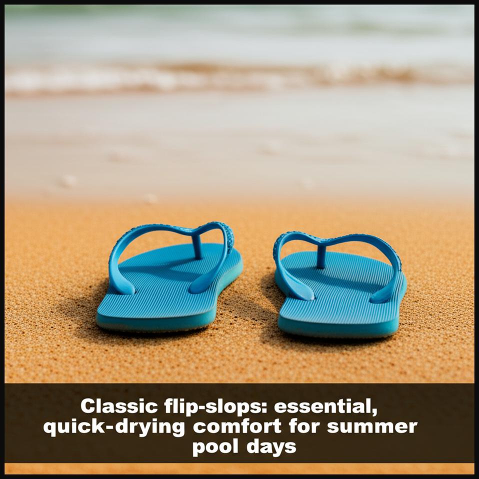 A pair of simple blue classic flip-flops resting on golden sand by the water, perfect for beach and pool use.