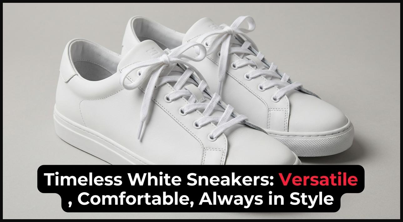 A pair of pristine, classic white leather sneakers, highlighting their minimalist design and versatility for everyday wear.