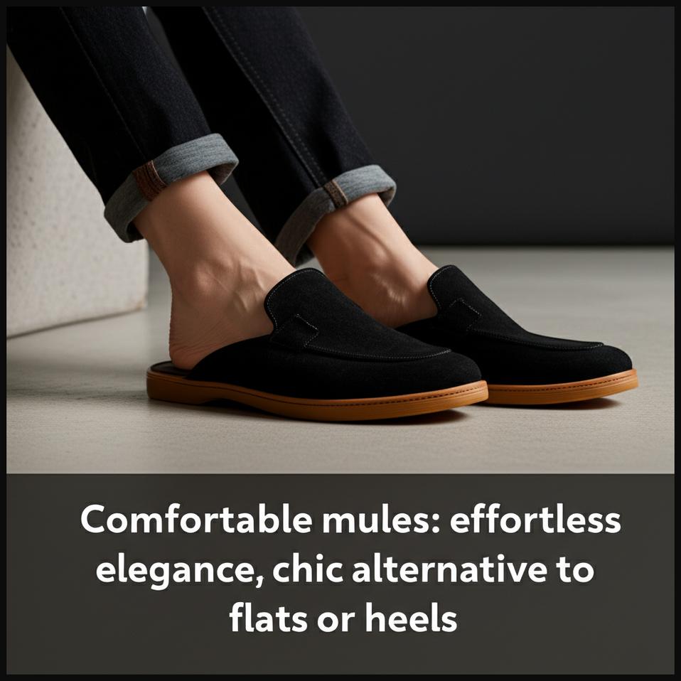 A stylish pair of comfortable black suede mules with an open-back design on a light indoor floor.