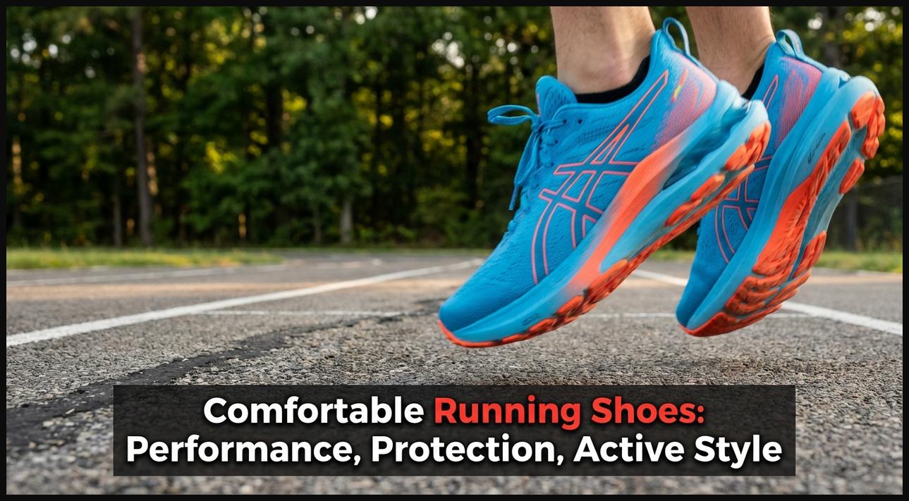 A pair of vibrant, modern comfortable running shoes in motion on a track, emphasizing performance and foot protection.