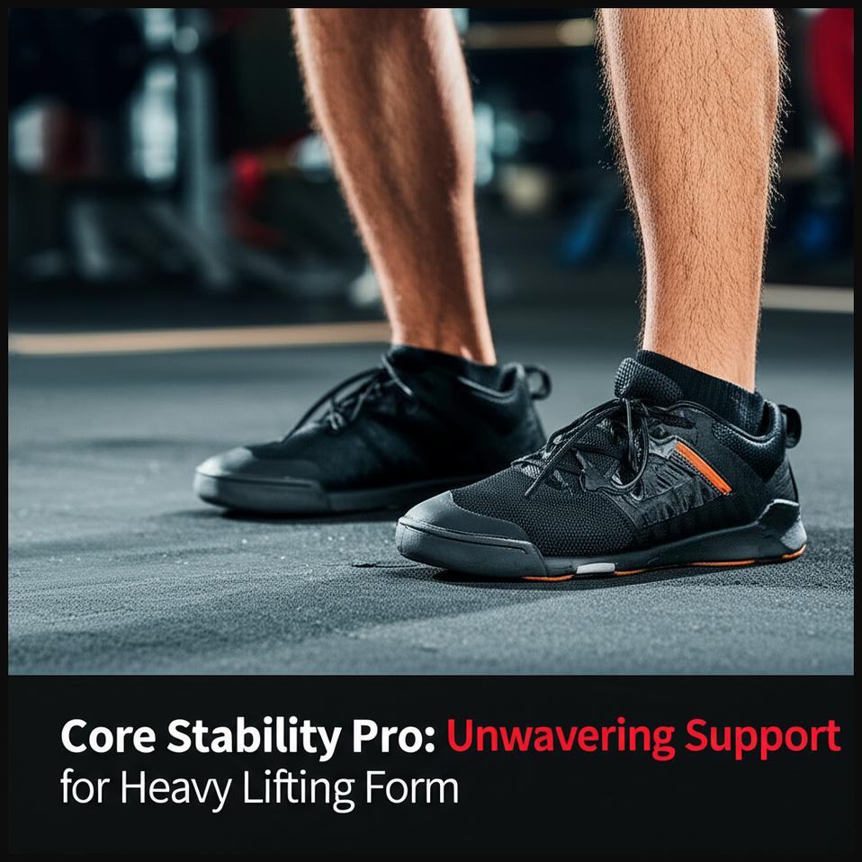 A man in a stable lifting stance, showcasing the unwavering support and firm base of Core Stability Pro shoes.