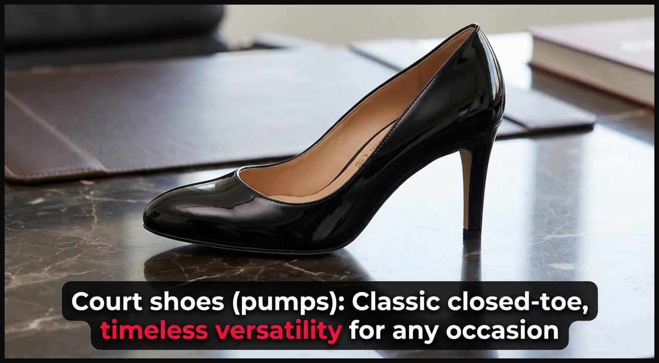 A side view of a classic black patent leather court shoe (pump), showcasing its closed-toe and low-cut front design for timeless versatility.