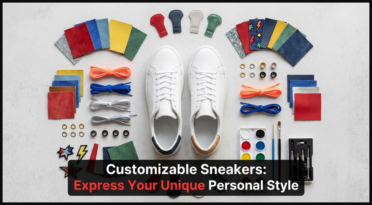 A pair of customizable white sneakers surrounded by color swatches, illustrating options to express unique personal style.