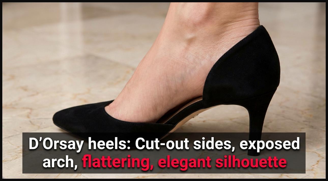 A close-up of an elegant D'Orsay heel shoe, showcasing its distinctive cut-out sides that expose the arch of the foot for a flattering silhouette.