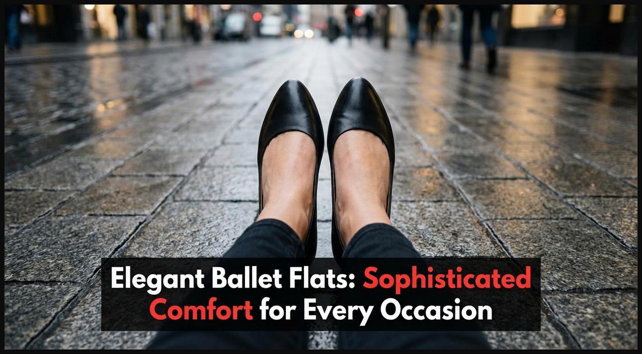 A woman wearing elegant black leather ballet flats, showcasing their sophisticated comfort ideal for city walking or office settings.