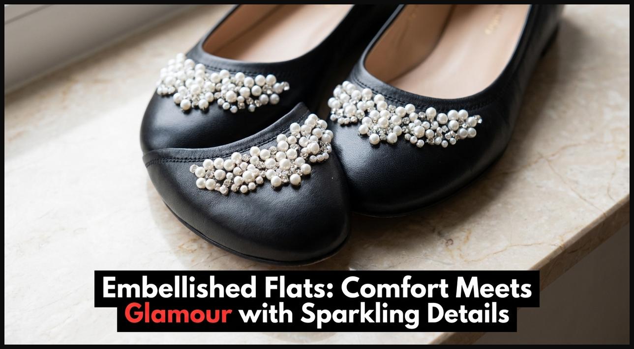 A pair of elegant black ballet flats embellished with delicate pearls, showcasing how comfort can meet glamour.