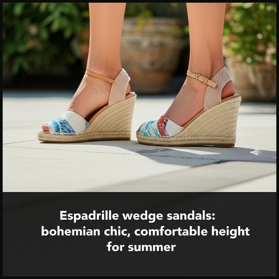 A pair of stylish espadrille wedge sandals with a braided jute sole, ideal for a chic bohemian summer look.