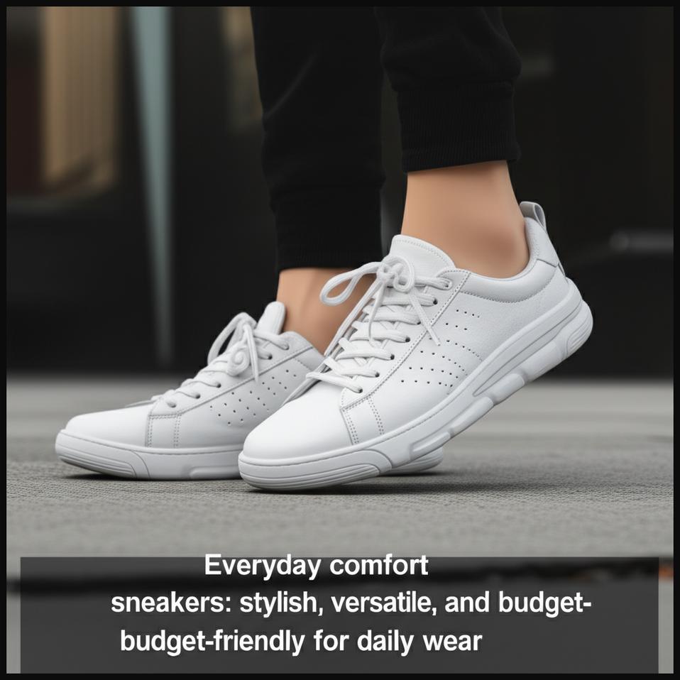 A pair of fresh white everyday comfort sneakers on a light grey pavement, highlighting their clean design and suitability for daily wear.