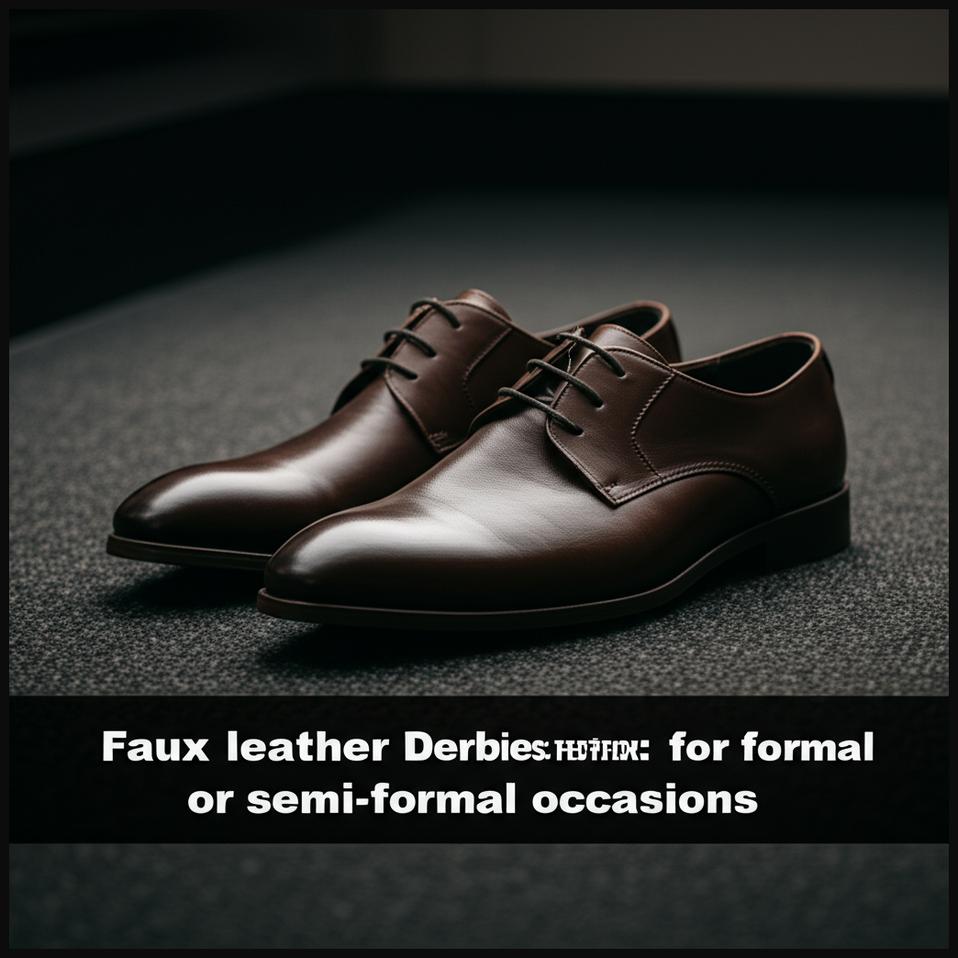 A polished pair of dark faux leather Derbies on a dark wooden floor, suitable for professional and semi-formal settings.