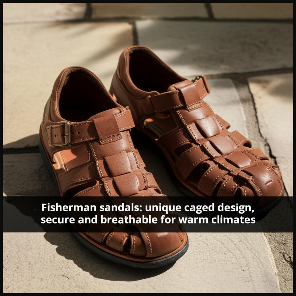 A unique pair of brown fisherman sandals with a distinct caged toe design, providing security and breathability.