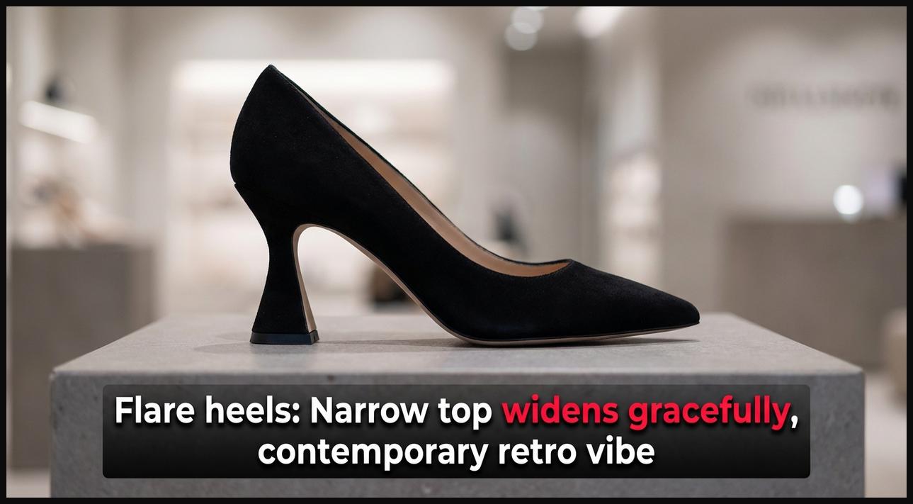 A close-up of a pump with a flare heel, demonstrating its unique shape that widens towards the base for a contemporary and slightly retro look.