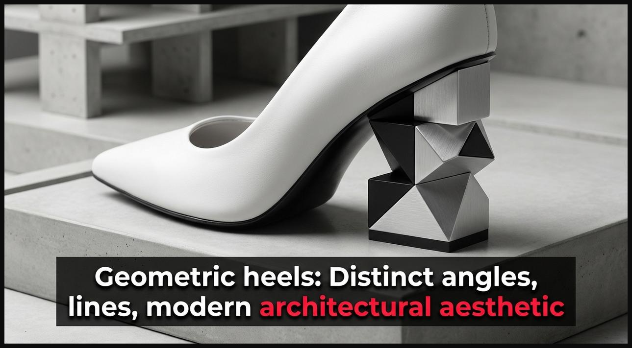 A close-up of a shoe featuring a geometric heel, emphasizing its distinct angles, lines, and shapes for a modern architectural aesthetic.