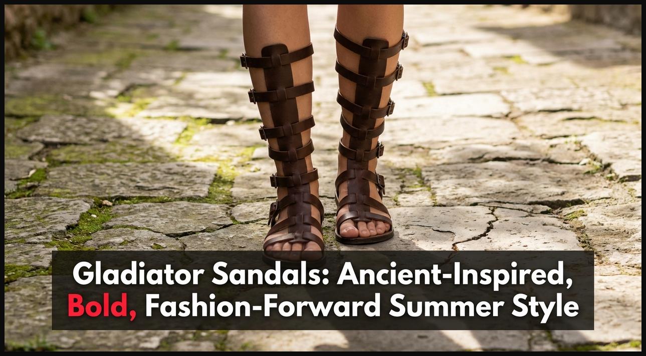 A woman wearing stylish brown leather gladiator sandals with intricate straps, showcasing their bold, ancient-inspired summer fashion.