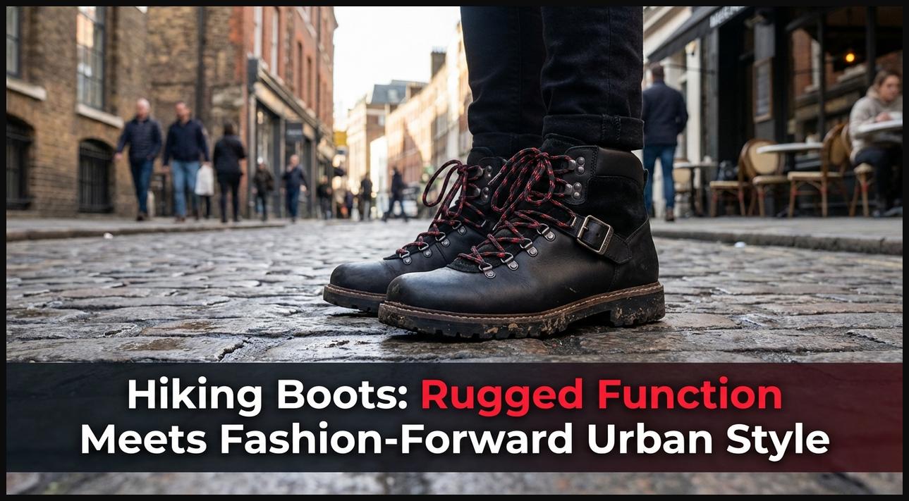 A person wearing modern hiking boots on a cobblestone street, blending rugged outdoor function with fashion-forward urban style.