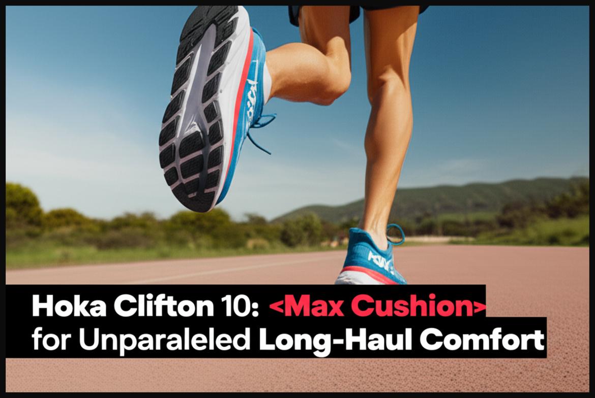 A man running on an outdoor path, showcasing the maximal cushioning of Hoka Clifton 10 for long distances.