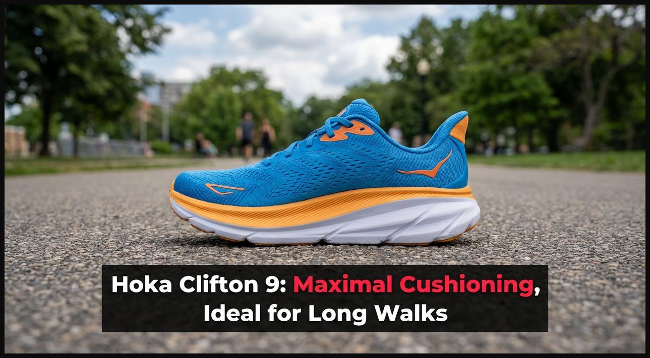 A Hoka Clifton 9 style walking shoe with maximalist cushioning, suitable for long walks.