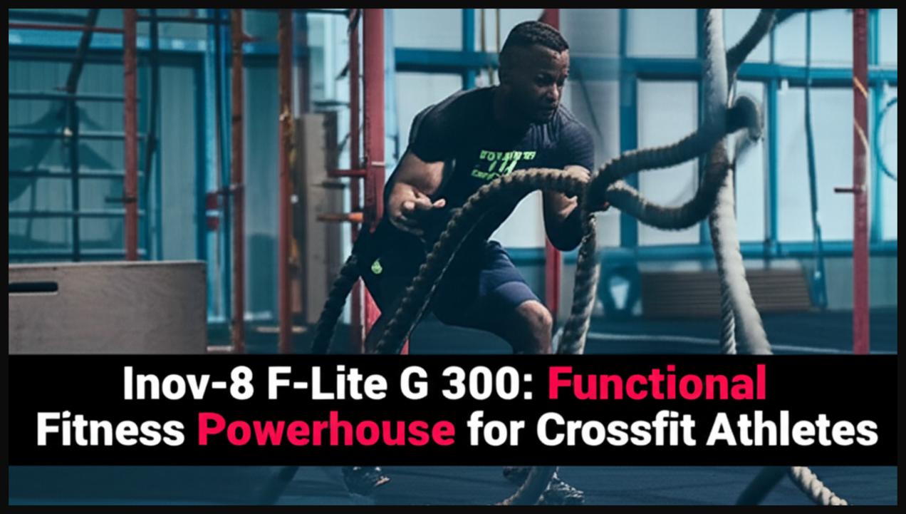 A man performing a rope climb in a CrossFit gym, showcasing the durability and grip of Inov-8 F-Lite G 300 shoes.