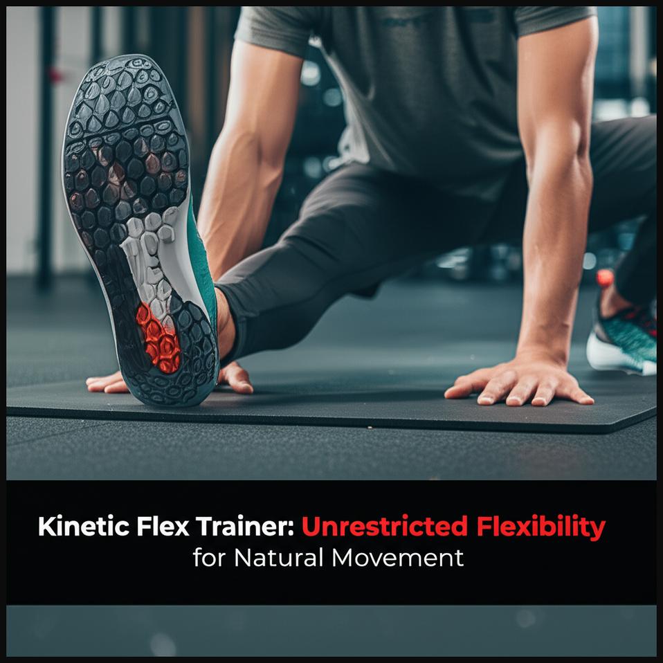 A man performing a dynamic stretch, showcasing the unrestricted flexibility of Kinetic Flex Trainer shoes.