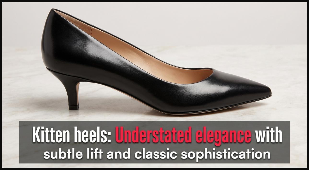 A close-up of a chic black kitten heel pump, highlighting its short, slender heel and classic sophisticated design for subtle lift.
