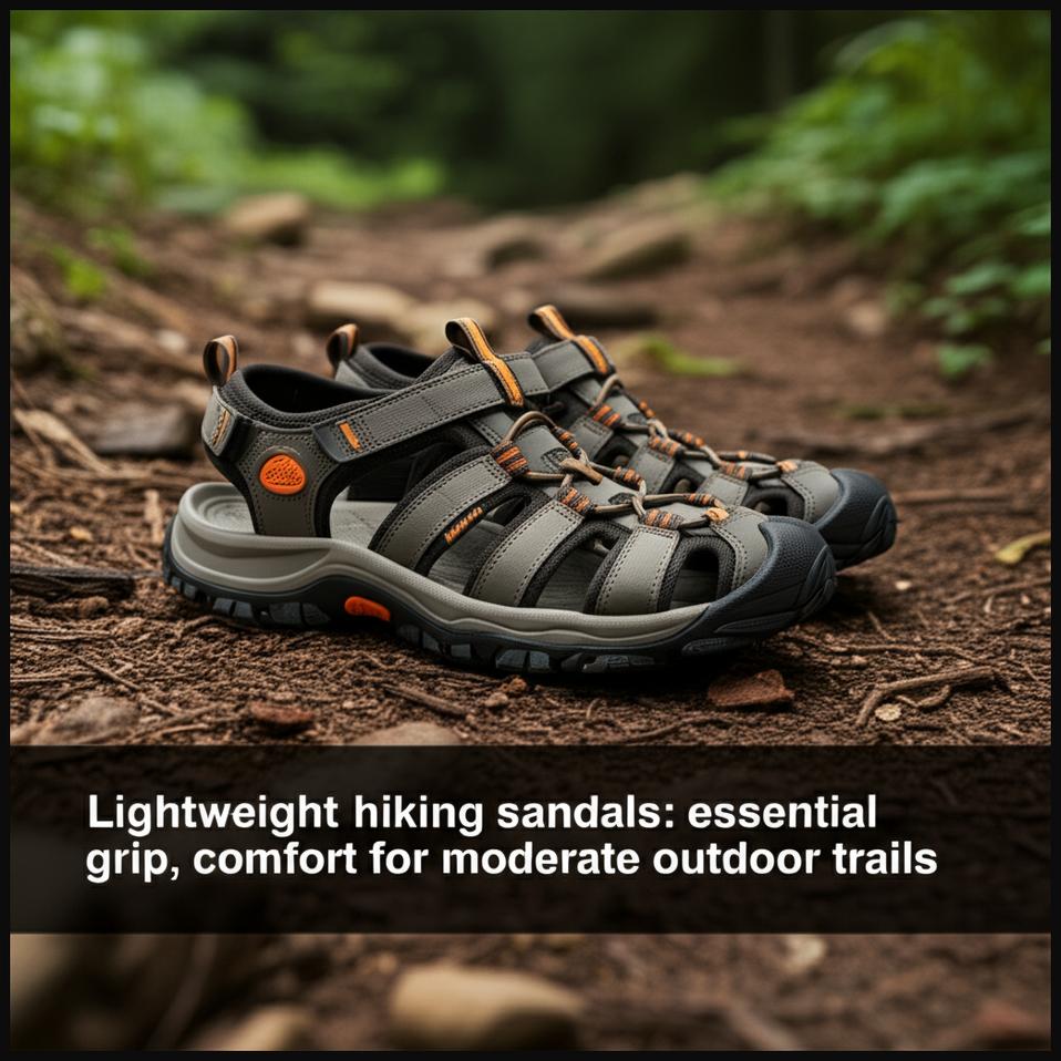 A pair of lightweight hiking sandals with essential grip and an open design on a forest trail, ideal for moderate outdoor adventures.