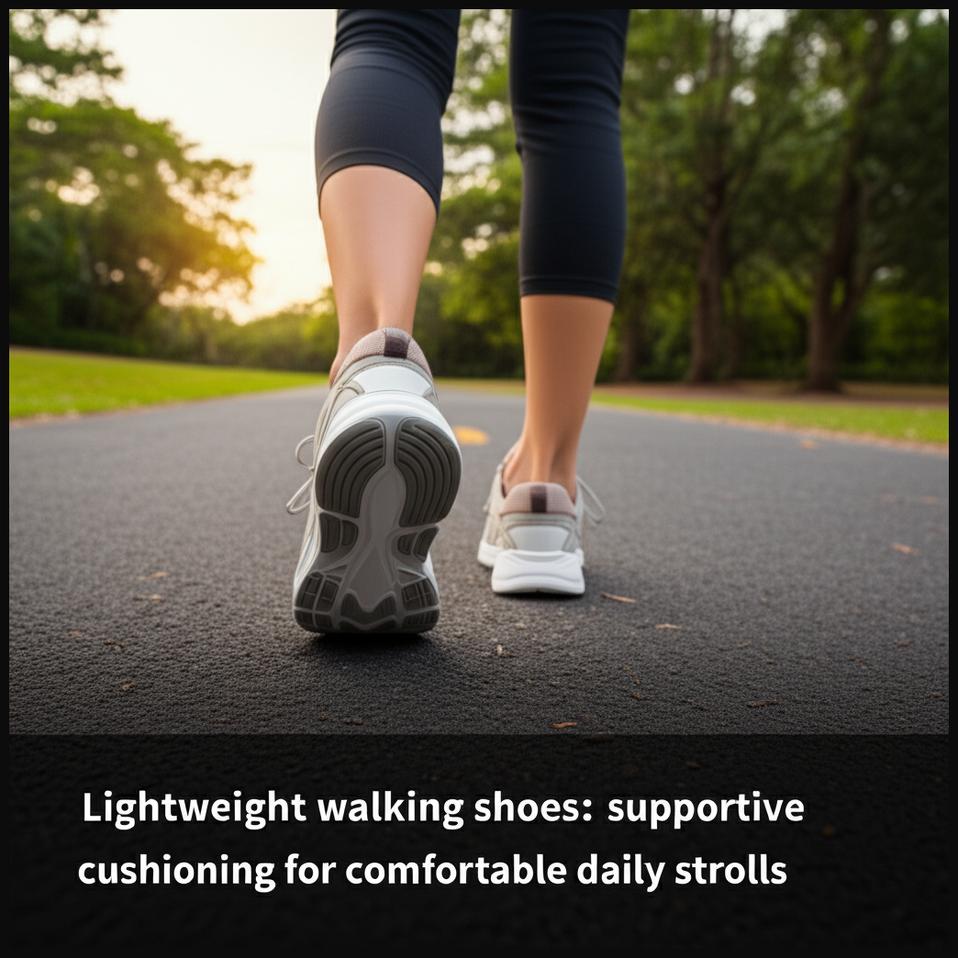 A pair of comfortable lightweight walking shoes with responsive cushioning on a park path, ideal for daily walks.