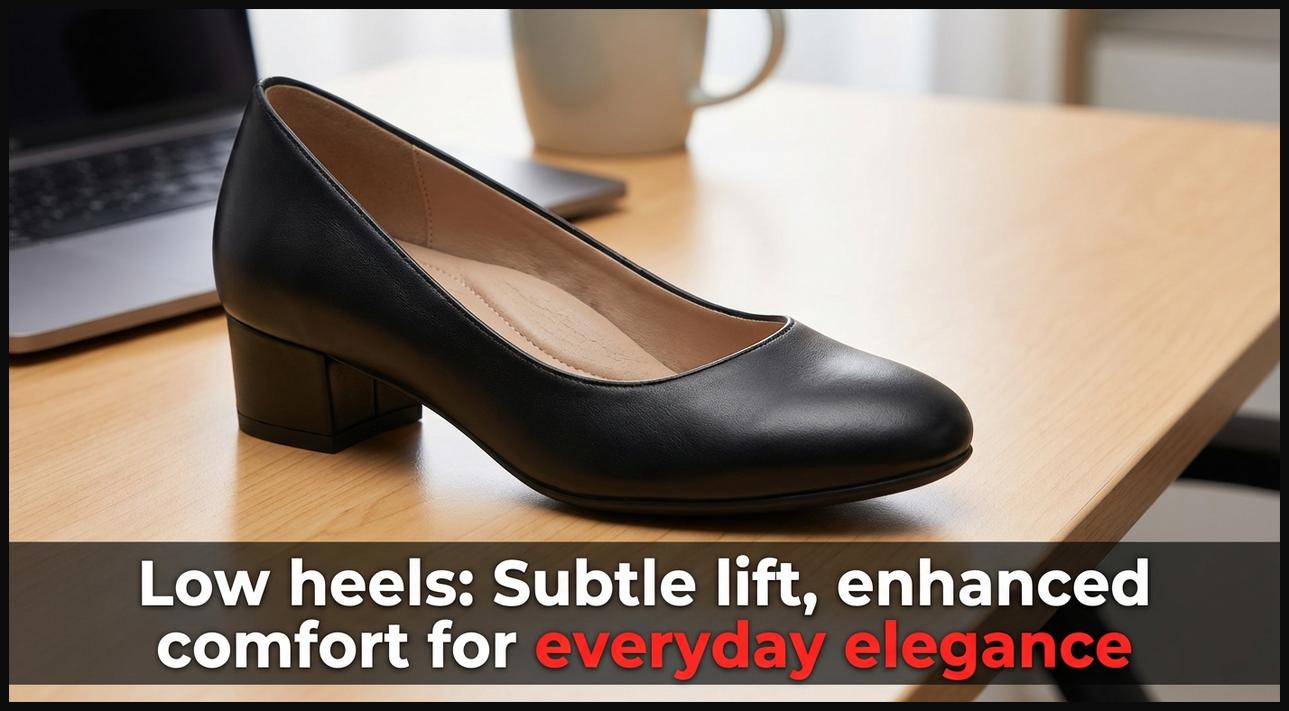 A close-up of a stylish black low heel pump, demonstrating its subtle lift and enhanced comfort, perfect for everyday elegance.