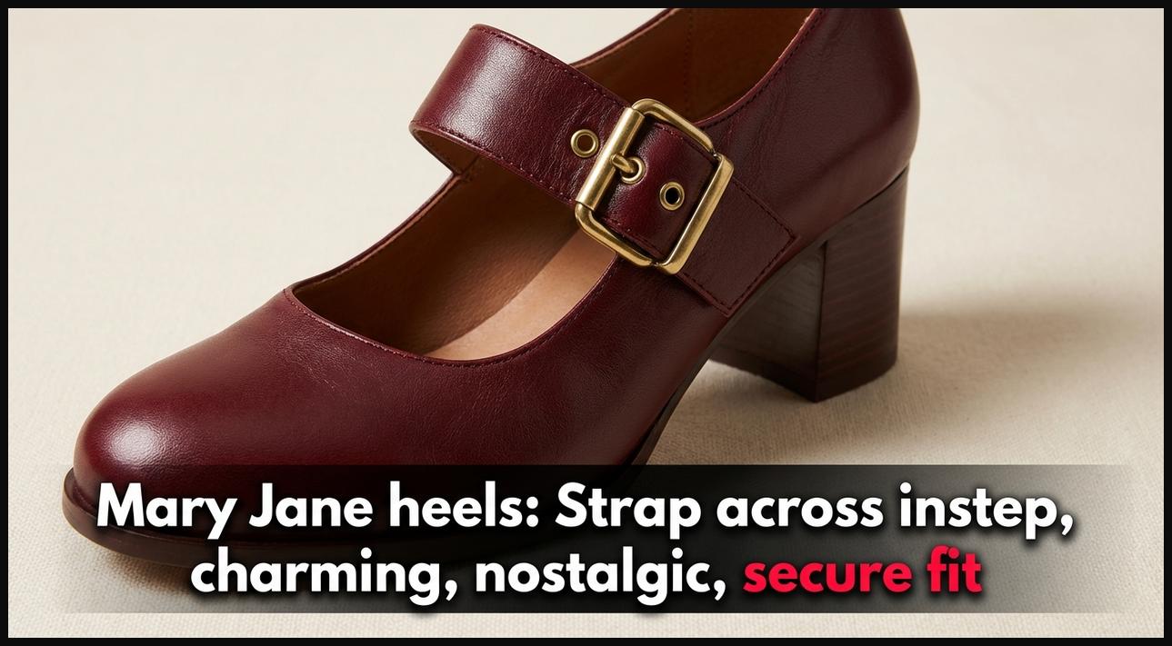 A close-up of a Mary Jane heel shoe, highlighting the distinctive strap across the instep for a charming, nostalgic, and secure fit.