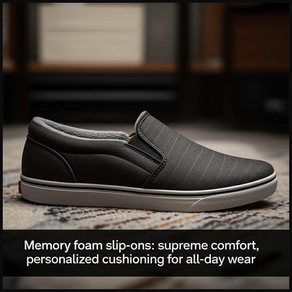 A comfortable memory foam slip-on shoe, highlighting its plush insole and personalized cushioning for all-day comfort.
