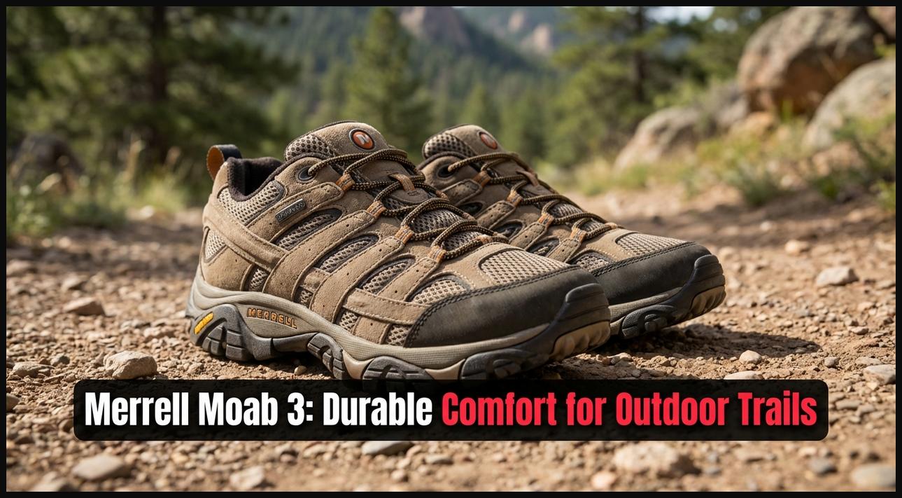 Merrell Moab 3 Ventilator style hiking shoes on a gravel trail, showing durable leather and mesh.