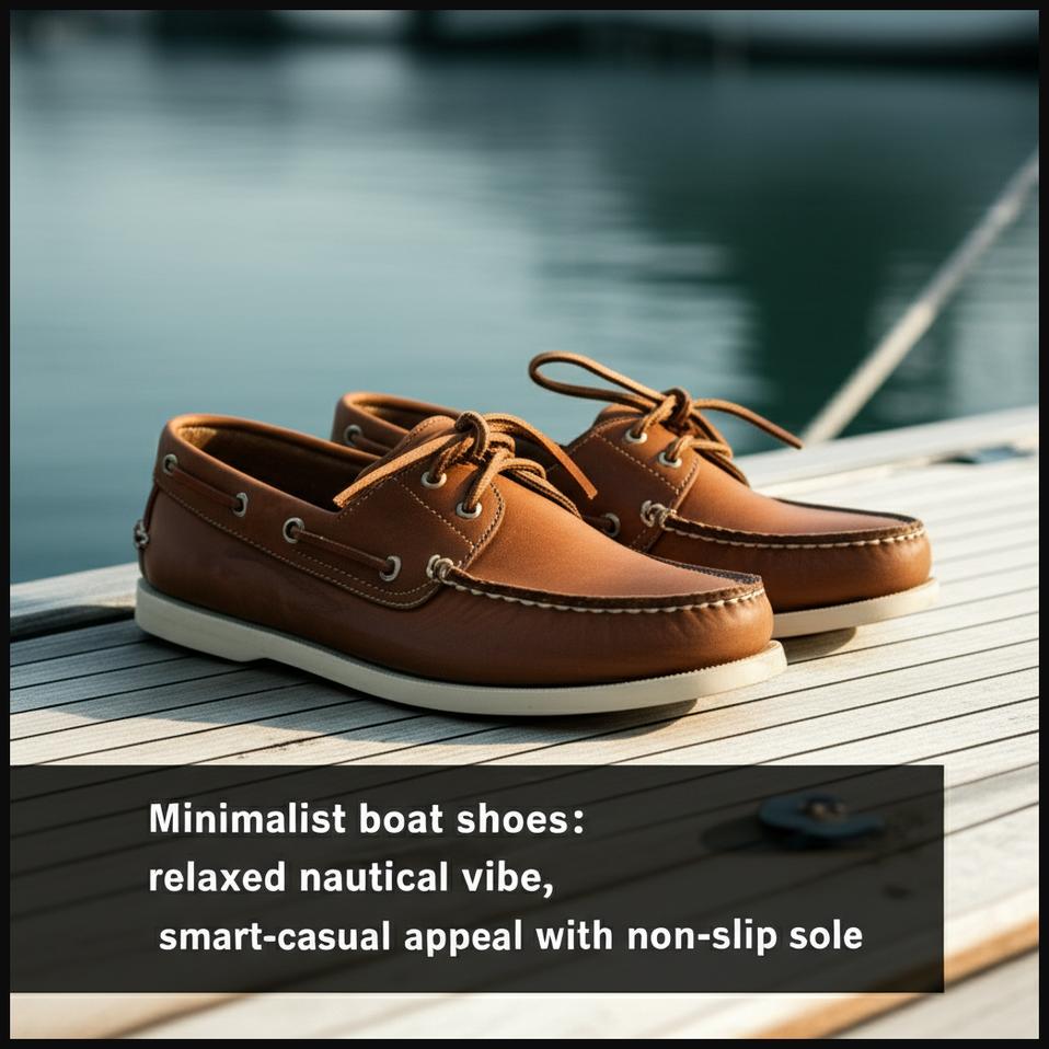 A classic pair of minimalist boat shoes on a wooden boat deck, combining a nautical aesthetic with smart-casual appeal.
