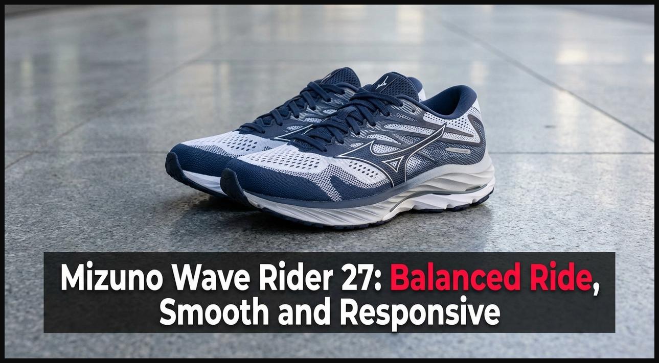 Mizuno Wave Rider 27 style walking shoes with a balanced design and wave-like midsole structure.