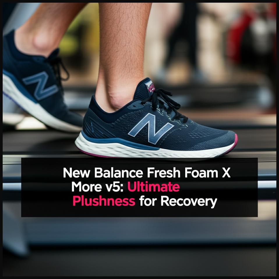 A man exercising on an elliptical machine, emphasizing the ultimate plush cushioning of New Balance Fresh Foam X More v5 shoes.