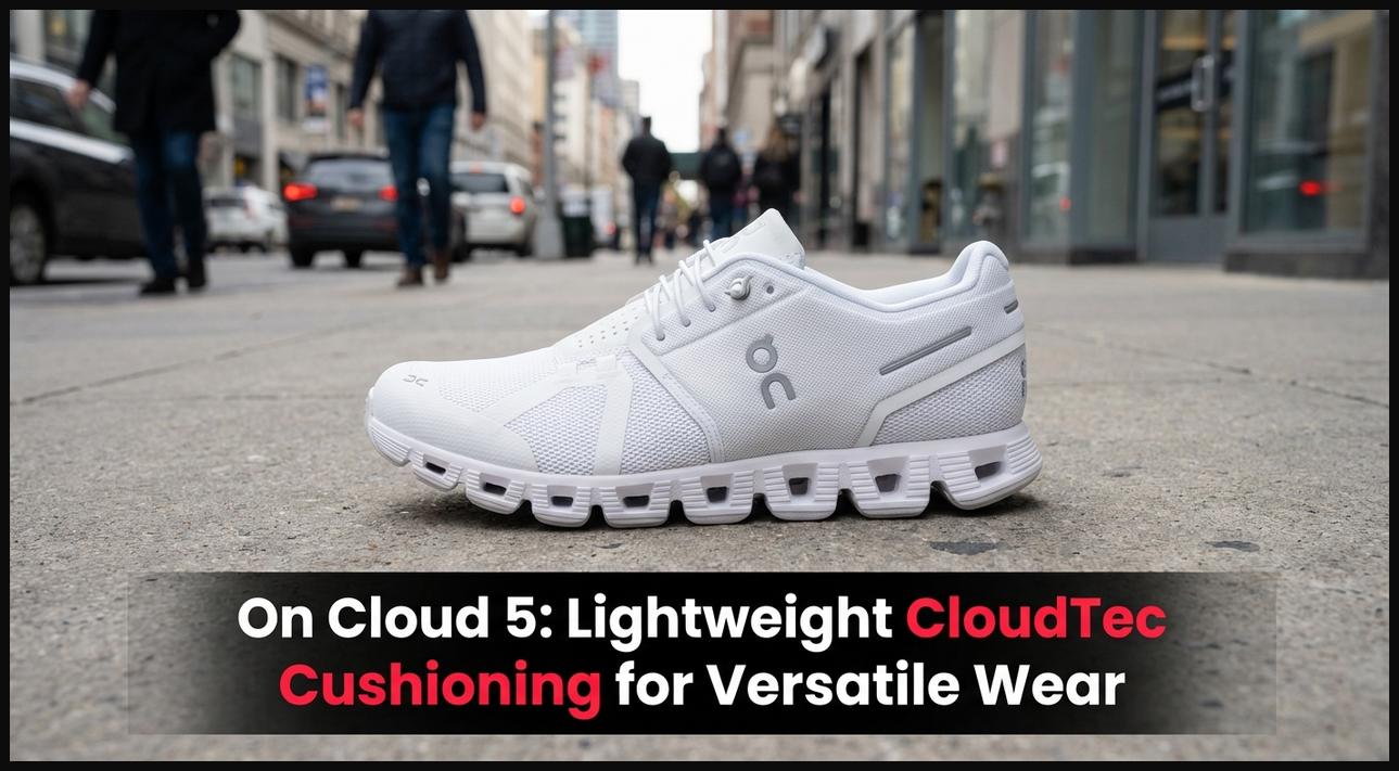 An On Cloud 5 style walking shoe with distinctive CloudTec sole on a city sidewalk.