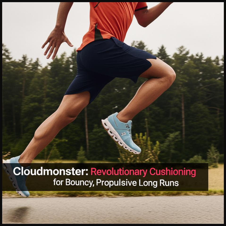 A man running with an energetic stride, highlighting the revolutionary CloudTec cushioning of On Cloudmonster shoes.