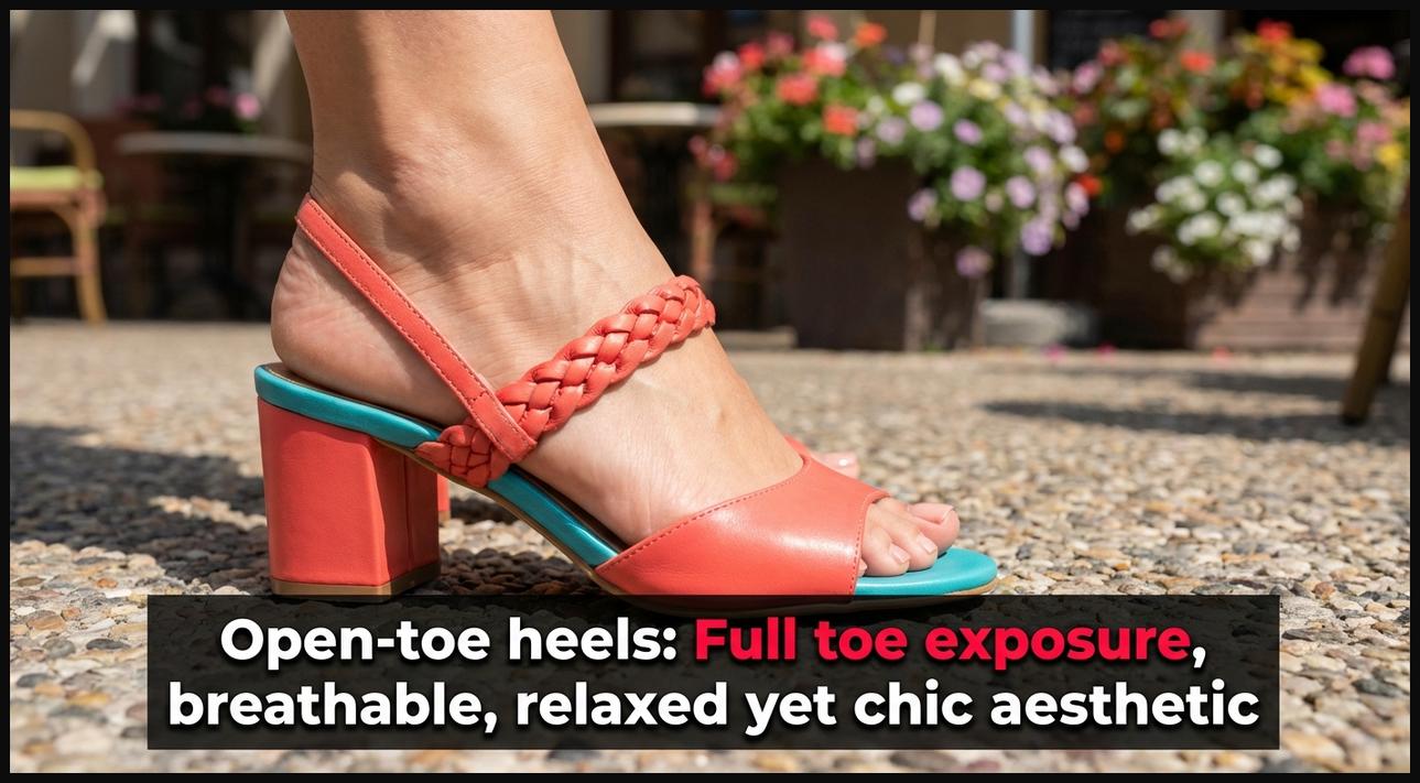 A close-up of an open-toe heel sandal, displaying the fully exposed toe area for breathability and a relaxed yet chic aesthetic.
