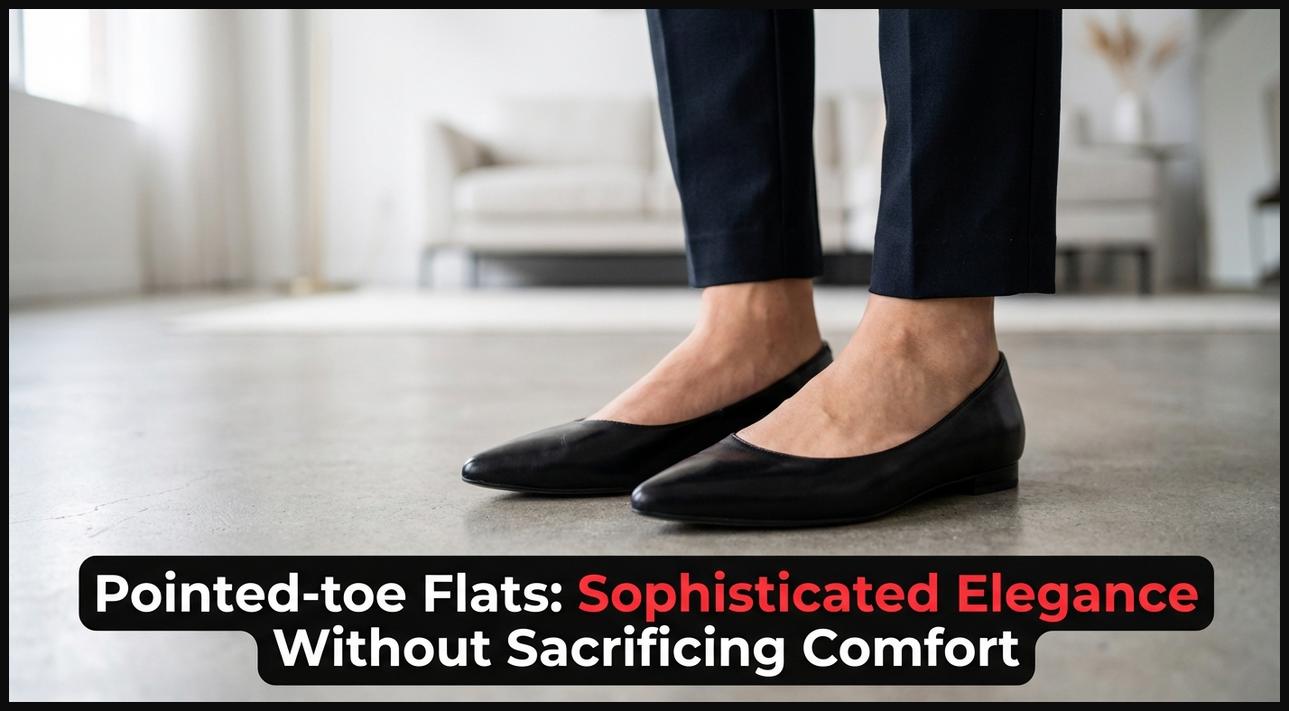 A woman wearing sleek black leather pointed-toe flats, showcasing their sophisticated elegance and comfortable design.