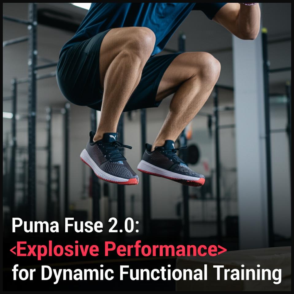 A man performing an explosive box jump in a gym, showcasing the dynamic performance of Puma Fuse 2.0 shoes.