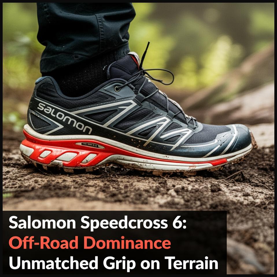 A man trail running on challenging, muddy terrain, showcasing the aggressive grip of Salomon Speedcross 6 shoes.
