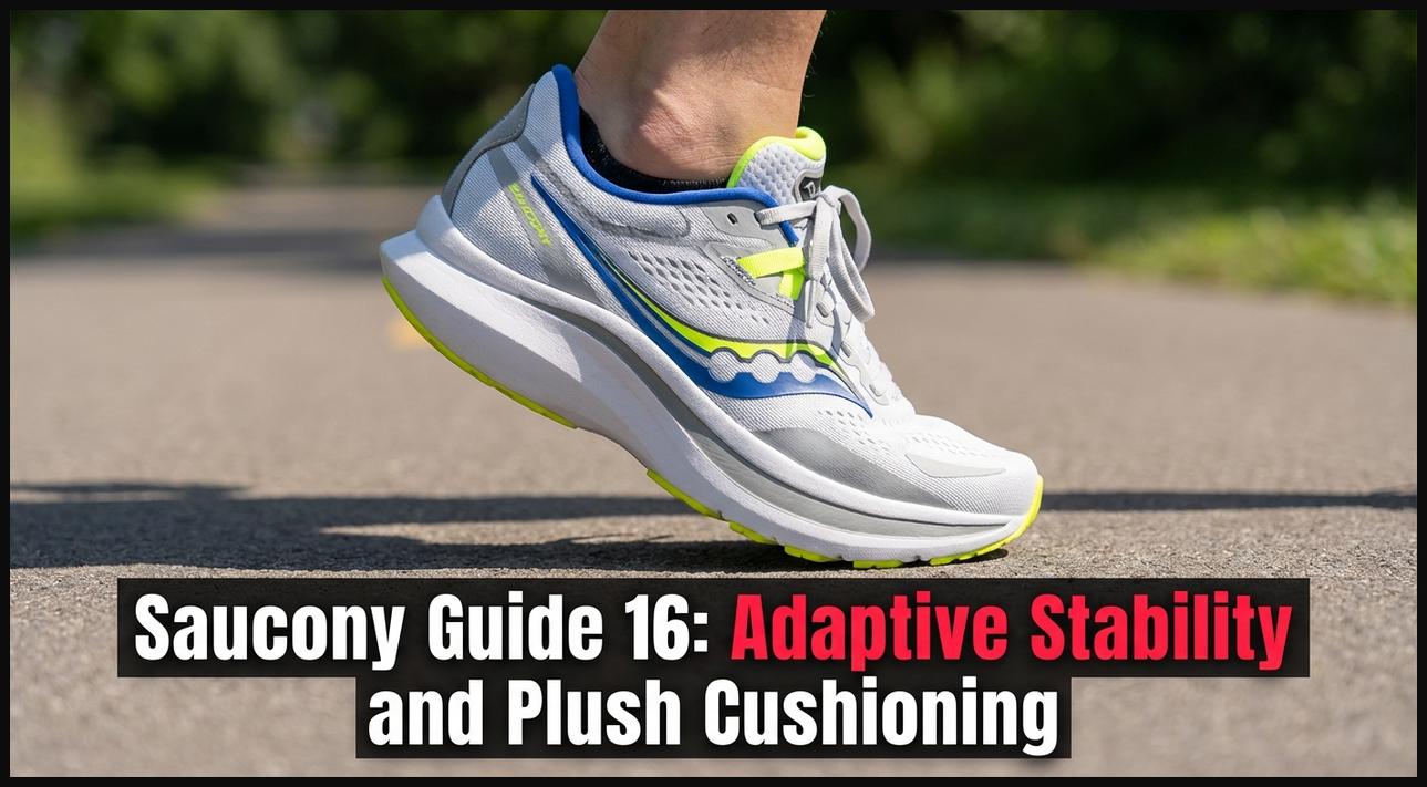 Saucony Guide 16 style walking shoe with adaptive stability features and plush cushioning.