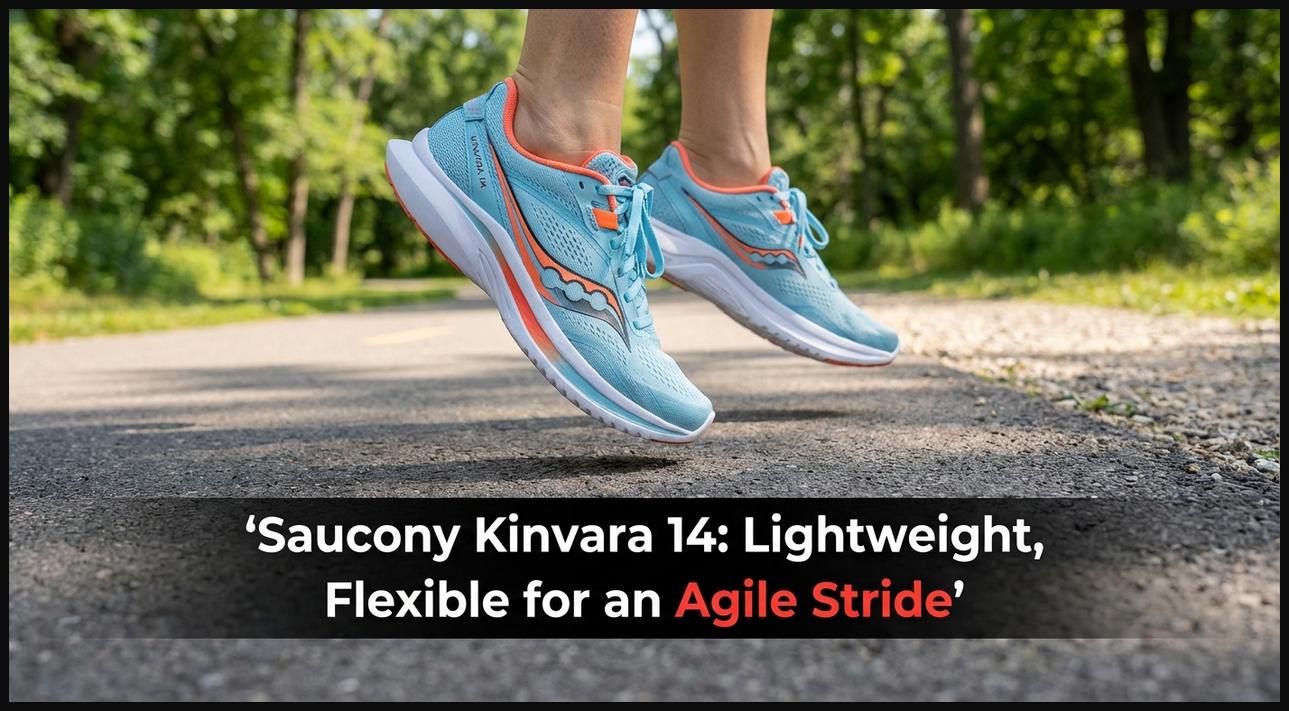 Lightweight and flexible Saucony Kinvara 14 style walking shoes in motion on a pathway.